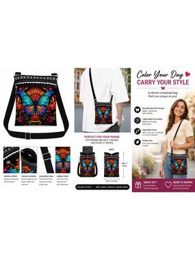 Butterfly Crossbody Bag With Adjustable Strap Vibrant Print  Zippered 18cm X 9cm